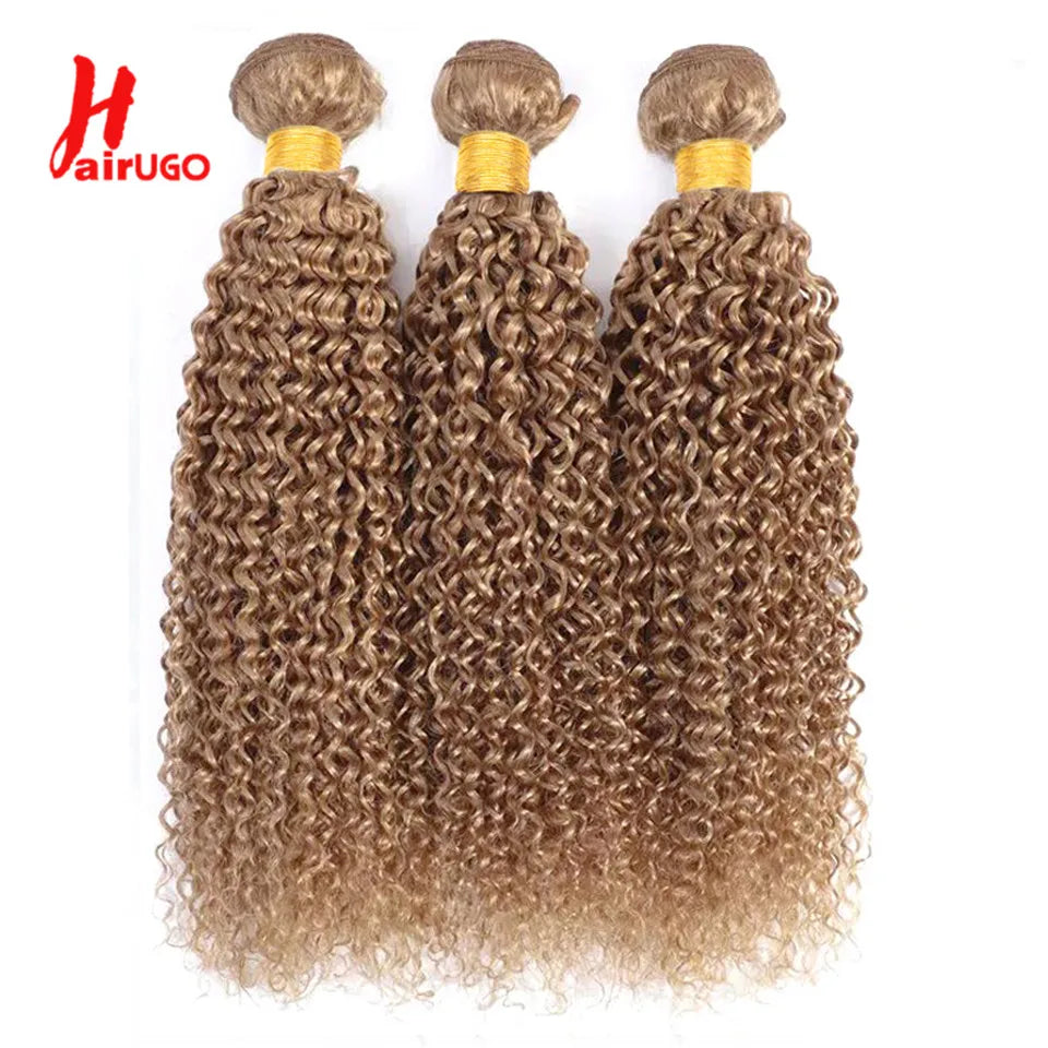 HairUGo Brazilian Kinky Curly Hair Bundles 27# Brown Remy 1/2/3 Kinky Curly Human Hair Weave Hair Extensions Blonde Hair Weaving