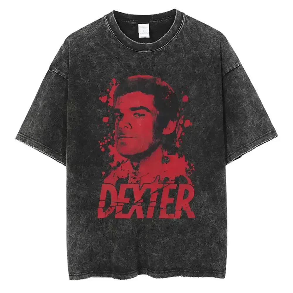 Classic TV Play Dexter Morgan Still Print T-shirt Vintage Washed Cotton Men Women Oversized Summer New Tee Casual Oversized Tops