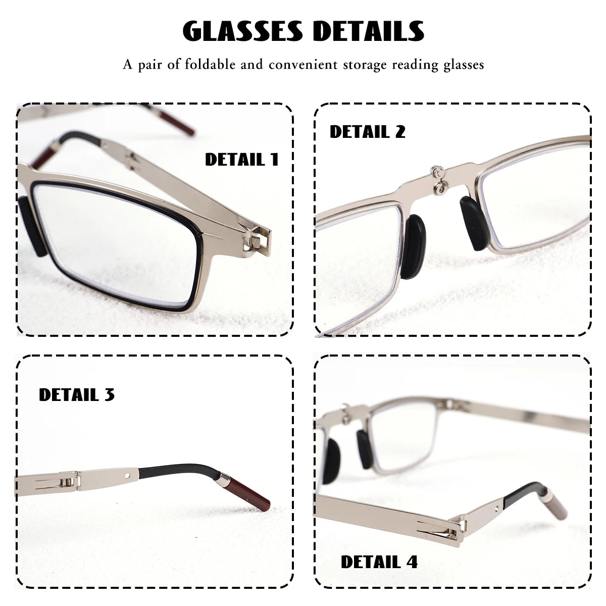 Portable Foldable Reading Glasses That Can Be Attached to the Back of a Phone as a Phone Stand, Minimalist Style Stainless Steel Reading Glasses, +100 to +400, Unisex