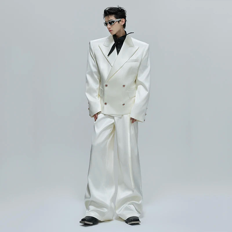 FEWQ Niche Design Men's Suit Sets Lapel Double Breatsed Silhouette Glossy Blazers Wide Leg Belt Chc Button Male Trousers 24K6098