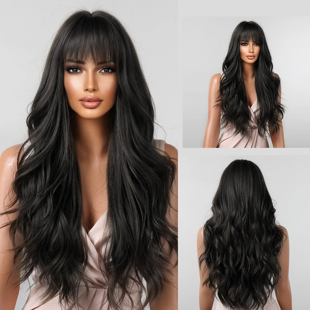 Brown Long Wavy Wig with Bangs Synthetic Natural Wave Hair Wigs for Black Women Afro Cosplay Party Daily Heat Resistant Fibre