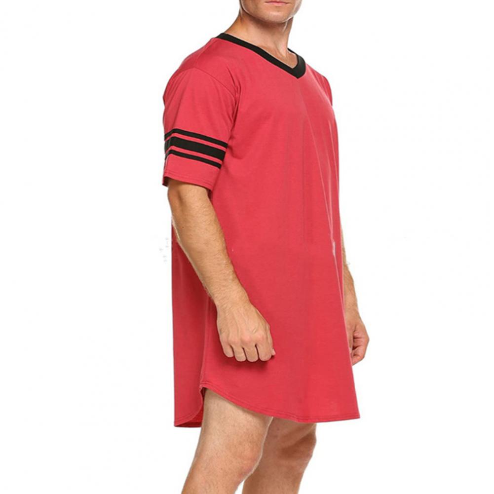Men Summer Top Color Matching Men Loungewear Long Style Short Sleeve V Neck Home Clothes Striped Print Sleeping Clothes For Men