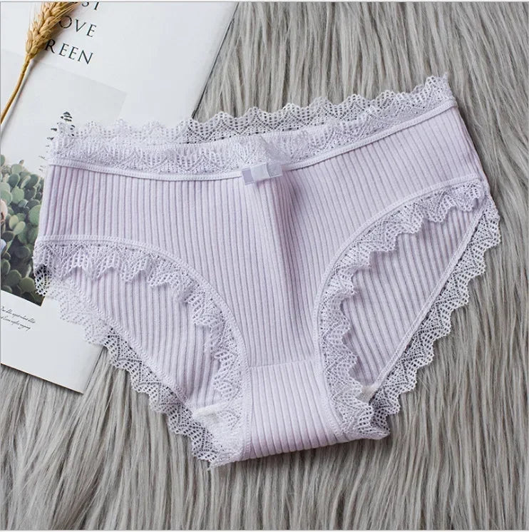 Cotton Sexy Lace Mid Waist Underwear Threaded Brief Solid Color Skin Friendly Ladies Underpant Breathable Fashion Casual Panties