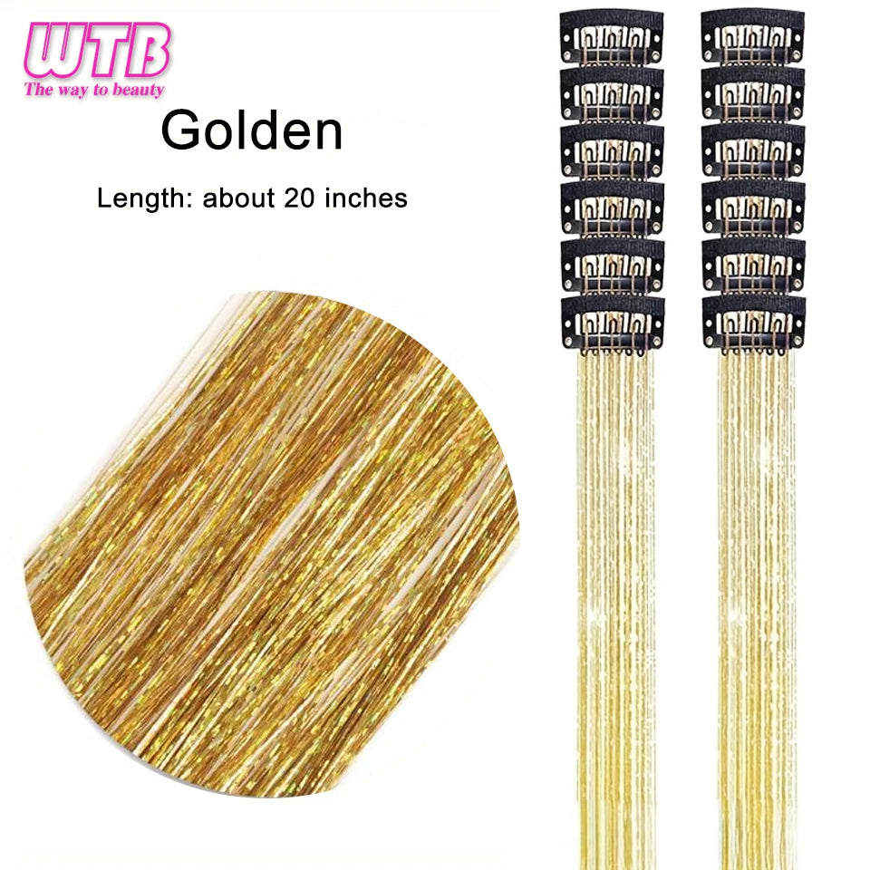 12Pcs Clip in Hair 20 Inch Synthetic Colorful Glitter Tinsel Hair Extension Fashion Party Christmas New Year Gift for Women Hair