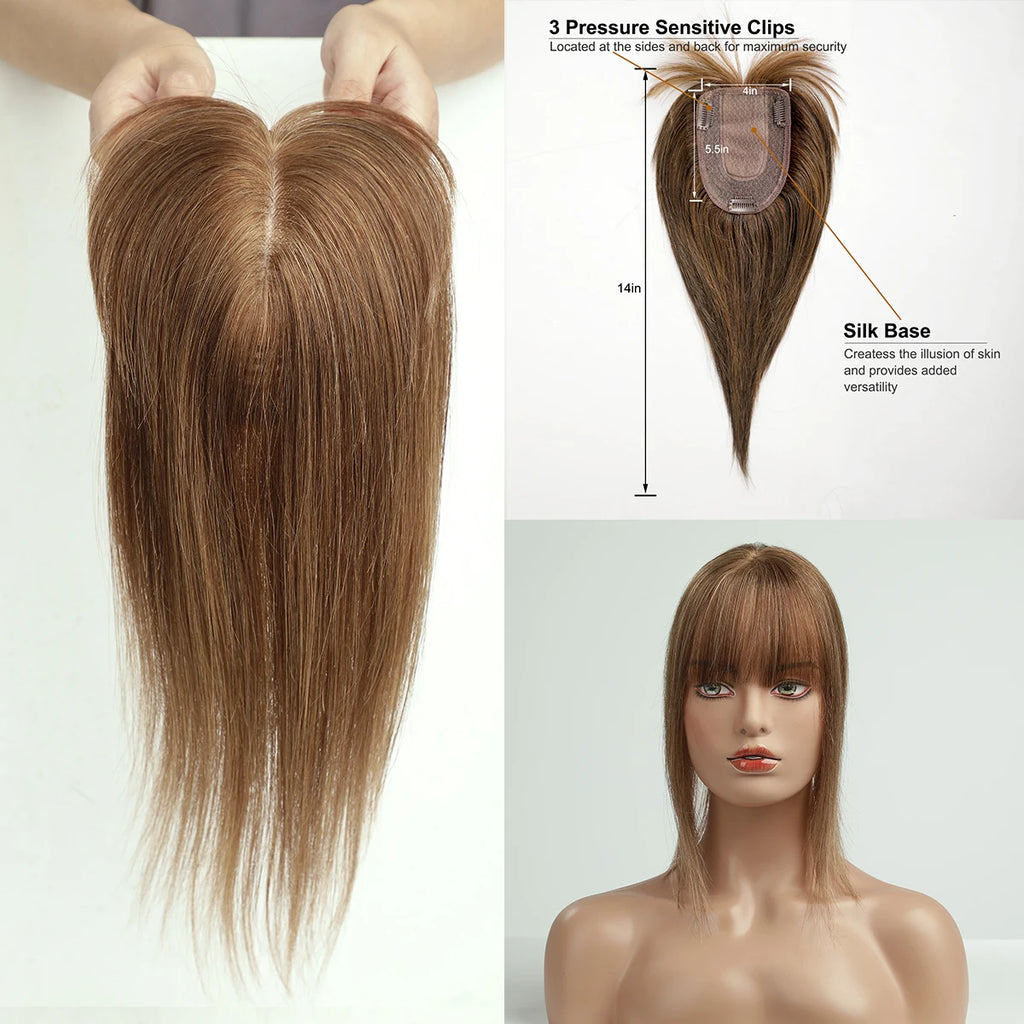 14 Inch Brown Silk Base Remy 100%Human Hair Toppers Clip-In Top Hairpiece for Women Natural Straight Hair Extensions
