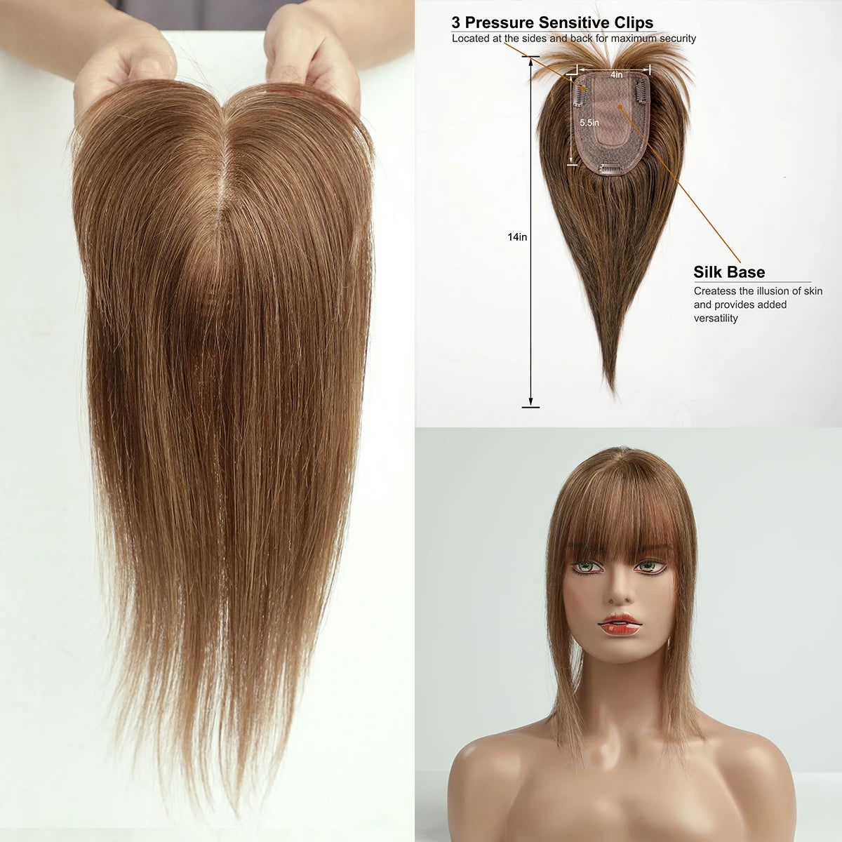 14 Inch Brown Silk Base Remy 100%Human Hair Toppers Clip-In Top Hairpiece for Women Natural Straight Hair Extensions