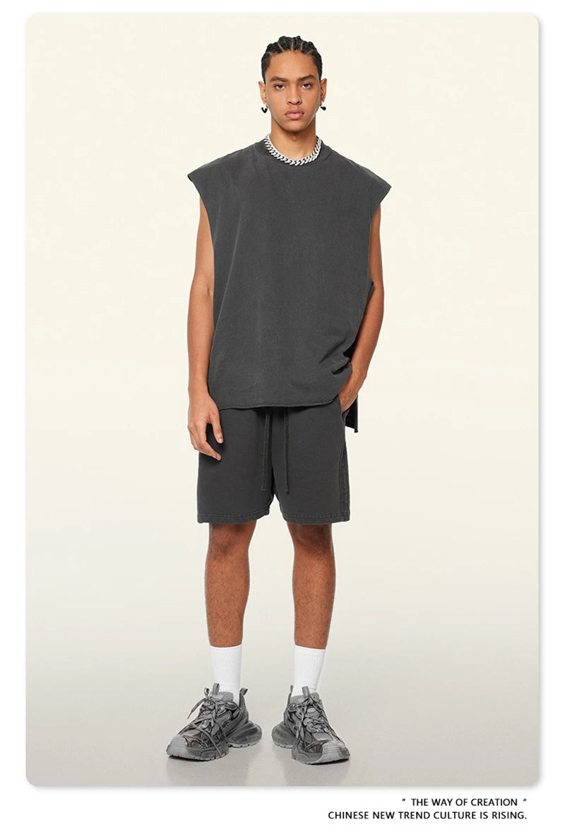 ZODF Vintage 2024 Washed 270gsm Cotton Tank Tops For Men Unisex Summer Relax Fit Slit Sleeveless Vest Streetwears HY0777