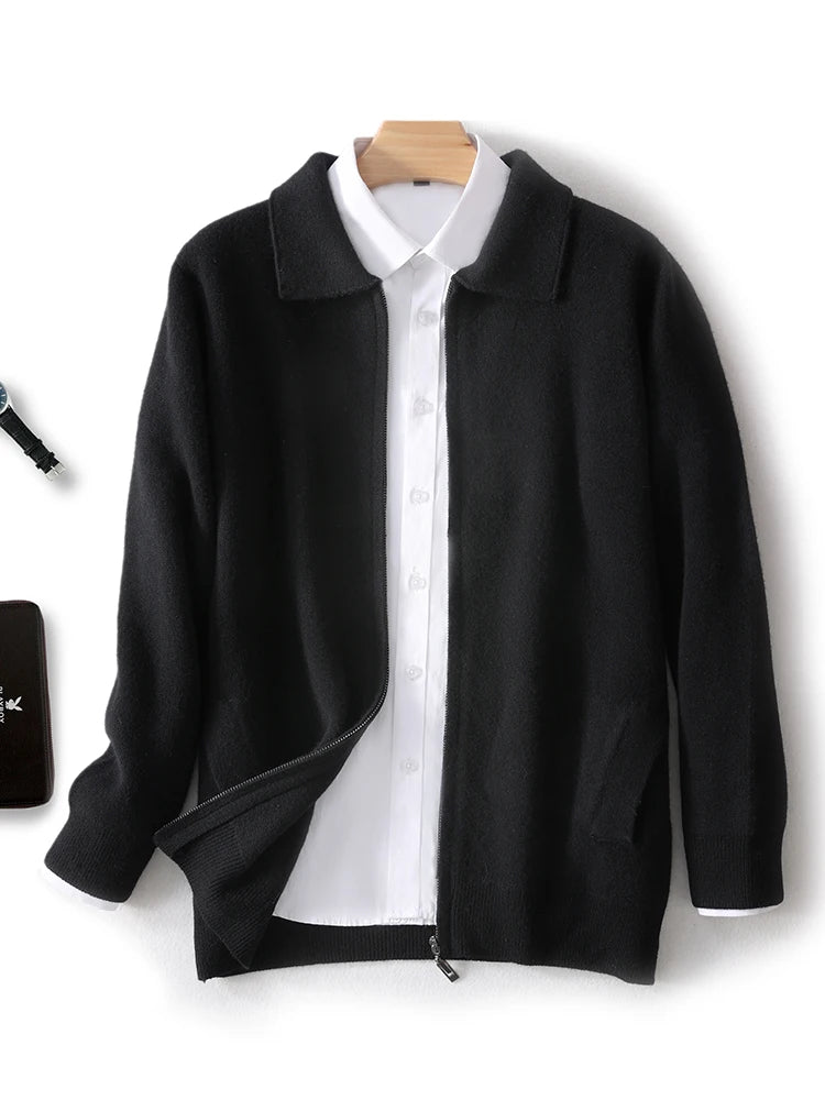 New 100% Pure Wool Knitwear Cardigan Sweater Men's Lapel Zipper Thick Jacket Shirt Collar Smart Casual Knitted Long Sleeve Tops