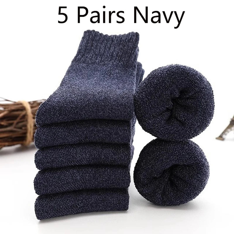 5 Pairs Winter Socks Men's Wool Warm Socks Thick Towel Mid-Calf Anti-Cold Snow Boots Socks Retro Solid Color Merino Terry Socks