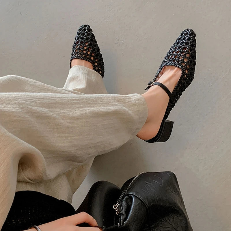 NEW Summer Women Mules Fabric Shoes for Women Pointed Toe Chunky Heel Shoes Cover Toe Slingback Shoes Soft Hollow Modern Sandals