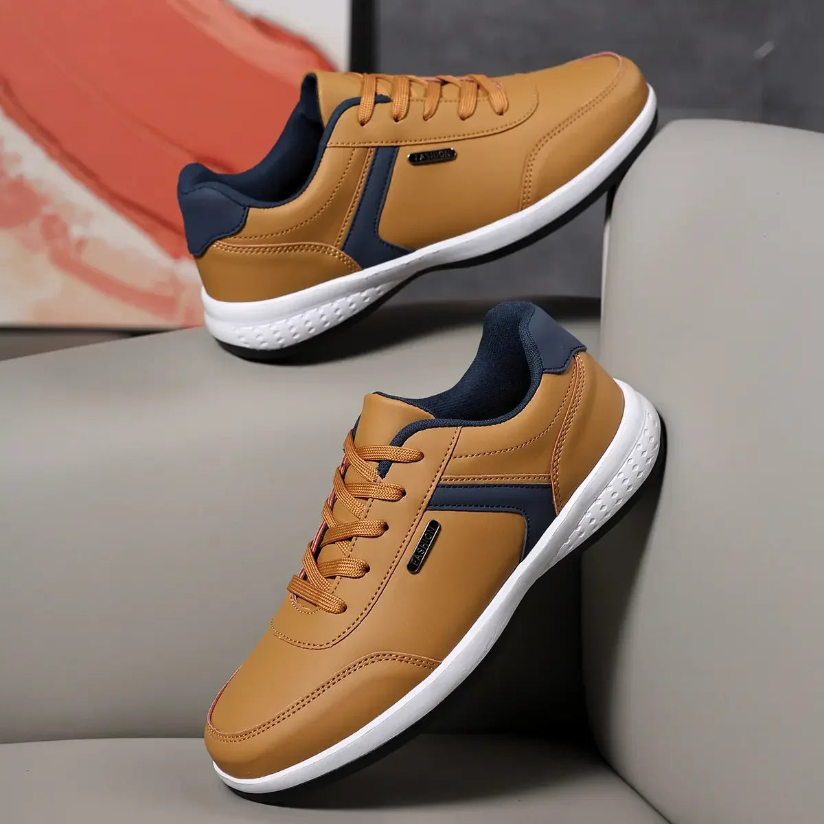 Men's Fashion Sneakers - Khaki Leather Comfortable Tennis Shoes Lace Up Large Thick Bottom Suitable for Daily Use Flat Shoes