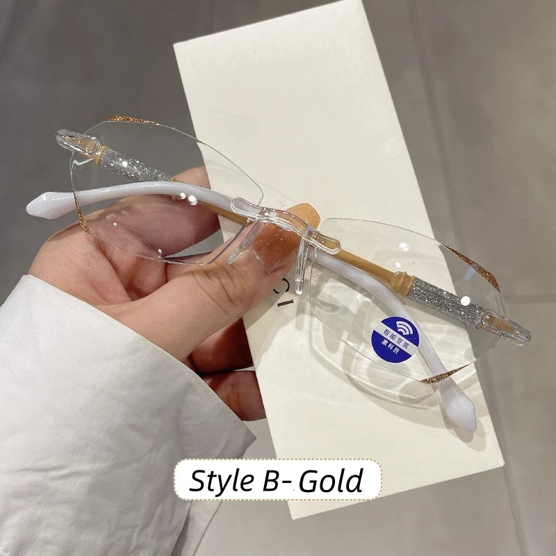 High Definition Lens Reading Glasses Women's Trendy Rimless Anti Blue Light Farsighted Eyewear Prescription Diopter Eyeglasses