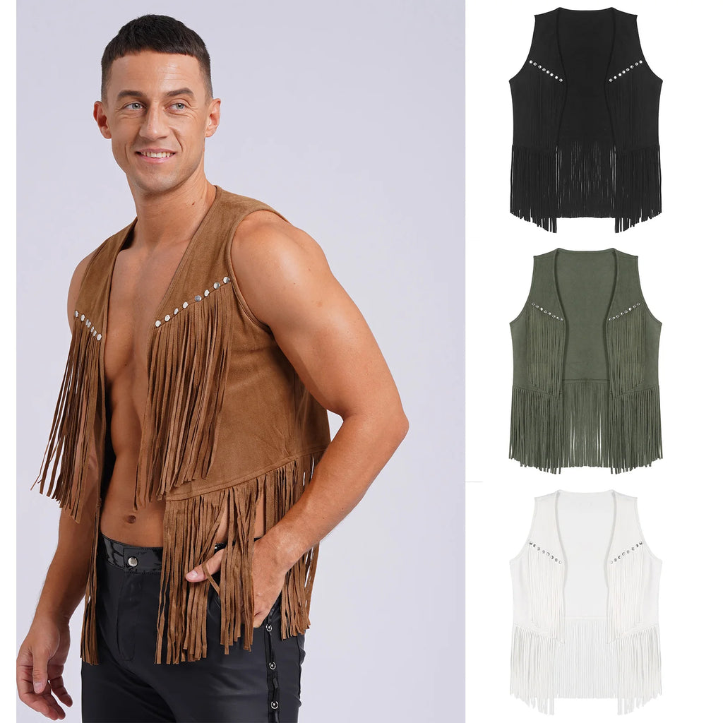 Mens Faux Suede Tassel Vest Coat Punk Western Cowboy Costume Fashion Rivets Fringe Waistcoat Open Front Sleeveless Jacket Tops