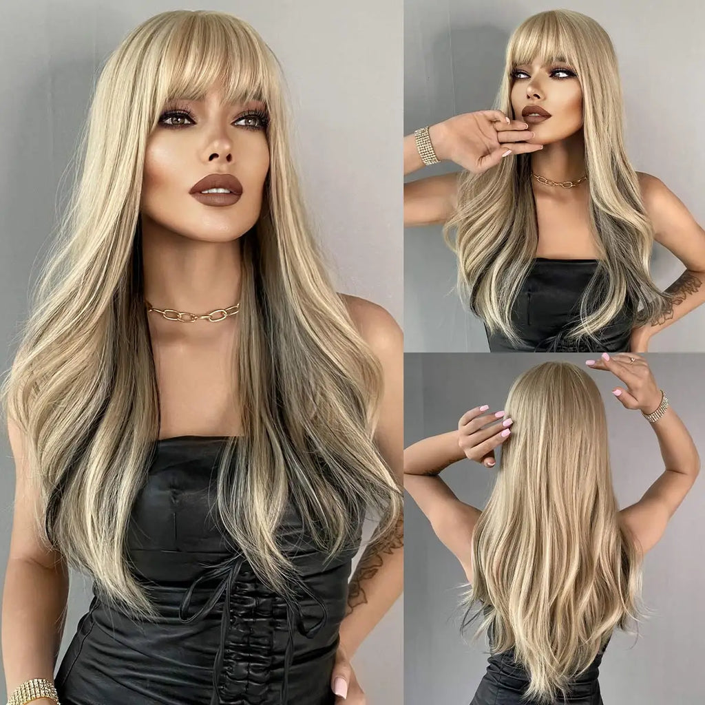 NAMM Long Wavy Ombre Black To Red Wig for Women Daily Cosplay Party Synthetic Lavender Hair Wig with Fluffy Bangs Heat Resistant