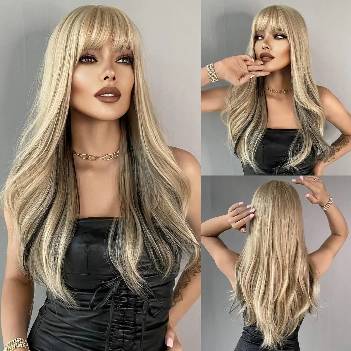 NAMM Long Wavy Ombre Black To Red Wig for Women Daily Cosplay Party Synthetic Lavender Hair Wig with Fluffy Bangs Heat Resistant