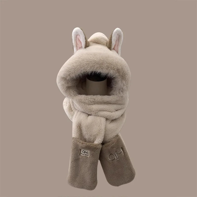 Winter new outdoor fox warm ear protection scarf, furry and fashionable one-piece plush hat