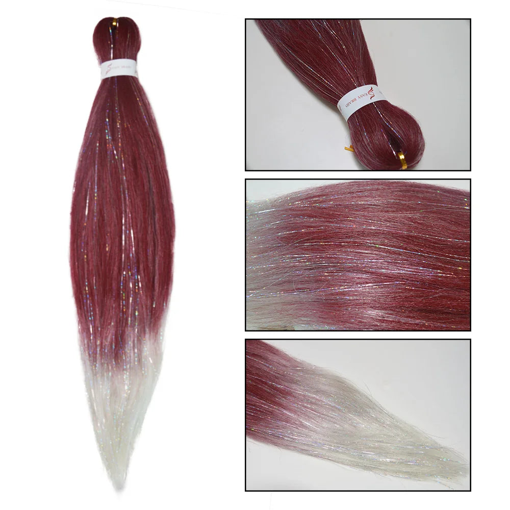 Dard Red White 3 Tones Ombre Straight Braids Blend Hair Tinsel Festival Rave Hair Extensions for Girls Crazy Hair Day Braids