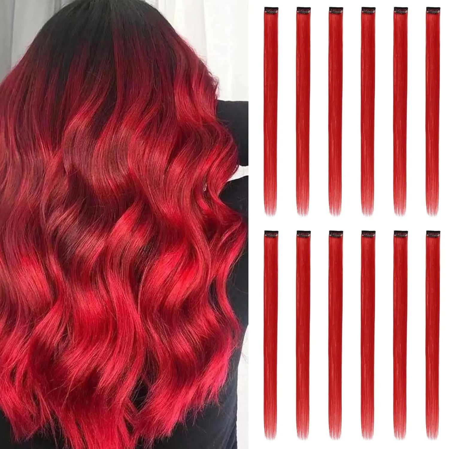 Red Hair Extensions Clip in, Party Highlight Product, Clip-In Synthetic Wig, 22-Inch Colored Straight Hair Accessory