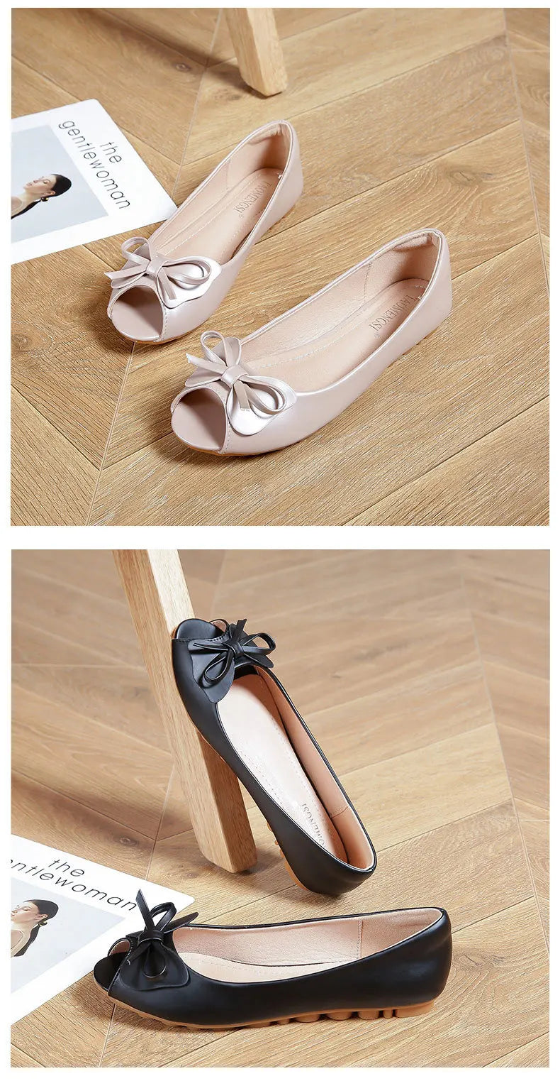 34-43 big size luxury peep toe bowtie flat shoes woman black/white leather ballet flats bow zapatos mujer primavera verano 2022