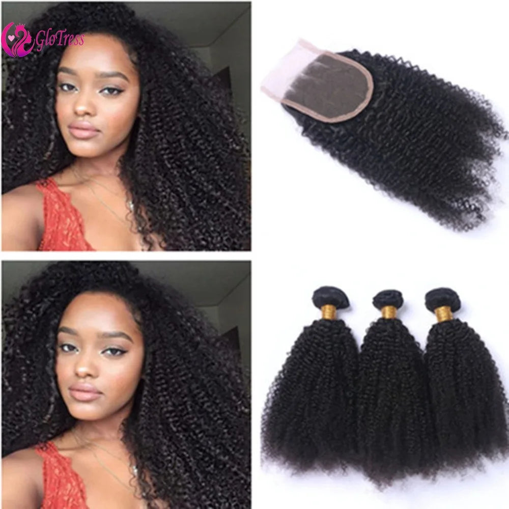 12A Afro Kinky Curly Human Hair 3 Bundles with 4x4 Lace Closure Virgin Human Hair Weaves 3 Bundles with 1 Closure 4Pcs Lot 8-24'
