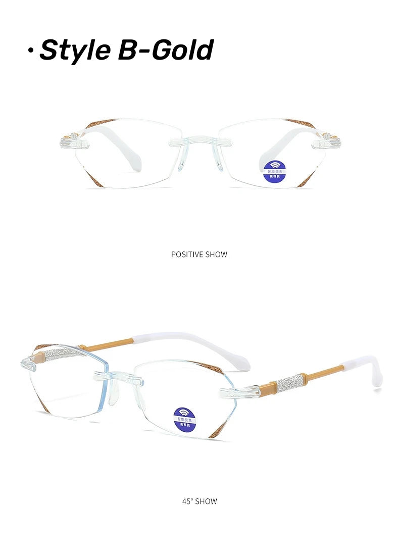 High Definition Lens Reading Glasses Women's Trendy Rimless Anti Blue Light Farsighted Eyewear Prescription Diopter Eyeglasses