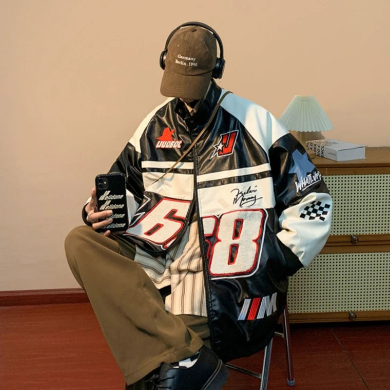 Gmiixder American Hip-hop Racing Coat Motorcycle Leather Jacket Men's Flocked Embroidery Loose Casual Windproof Punk Vibe Jacket