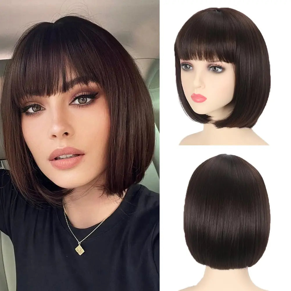 12-inch pink short straight hair synthetic wig for cosplay, pompadour hairstyle, daily high-temperature hair wig