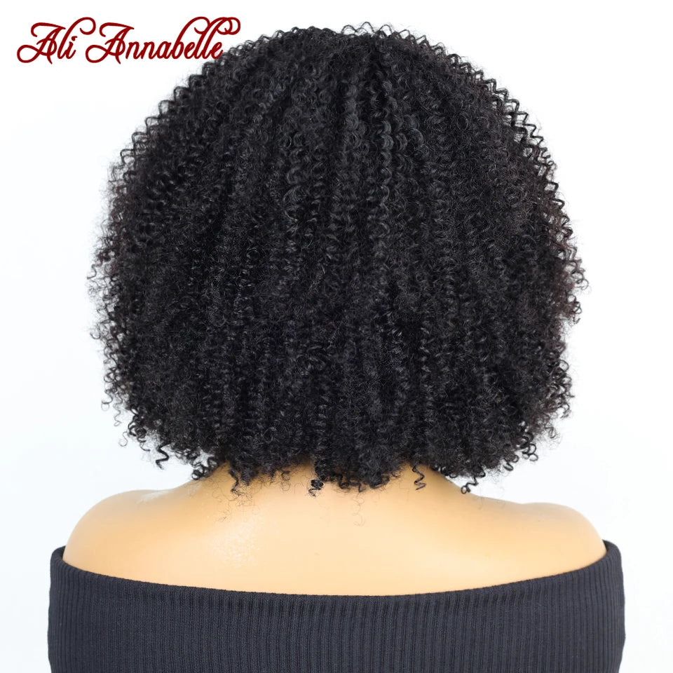 ALI ANNABELLE HAIR Curly Wigs With Bangs For Black Women Machine Made Wigs Kinky Curly 180% Brazilian Natural Color No Lace Wigs