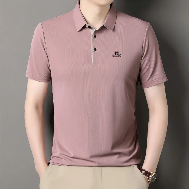 New Men's Business Casual Short Sleeved Shirt with Badge Solid Color Polo Shirt Fashionable Breathable Comfortable Versatile Top