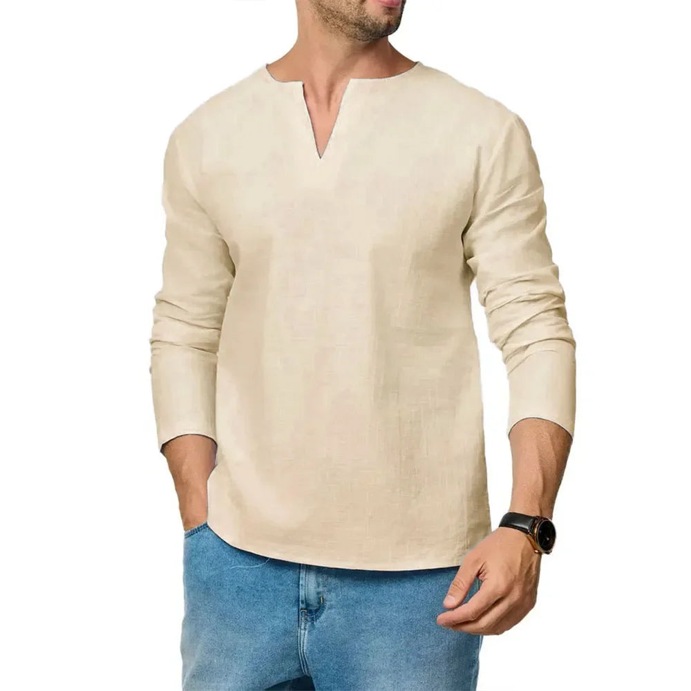 Men's Cotton Linen Long Sleeve T-Shirt Breathable V-neck Casual Slim Fit Solid Color Lightweight Male Casual Cozy Tees