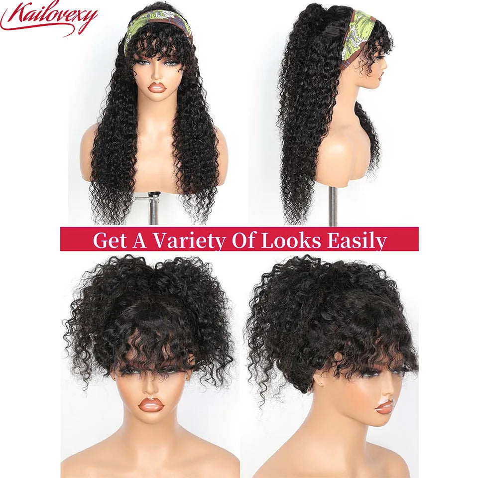 Water Wave Wig with Bangs Human Hair Full Machine Made Scalp Top Wig Glueless Virgin Brazilian Long Curly Wig No Lace for Women