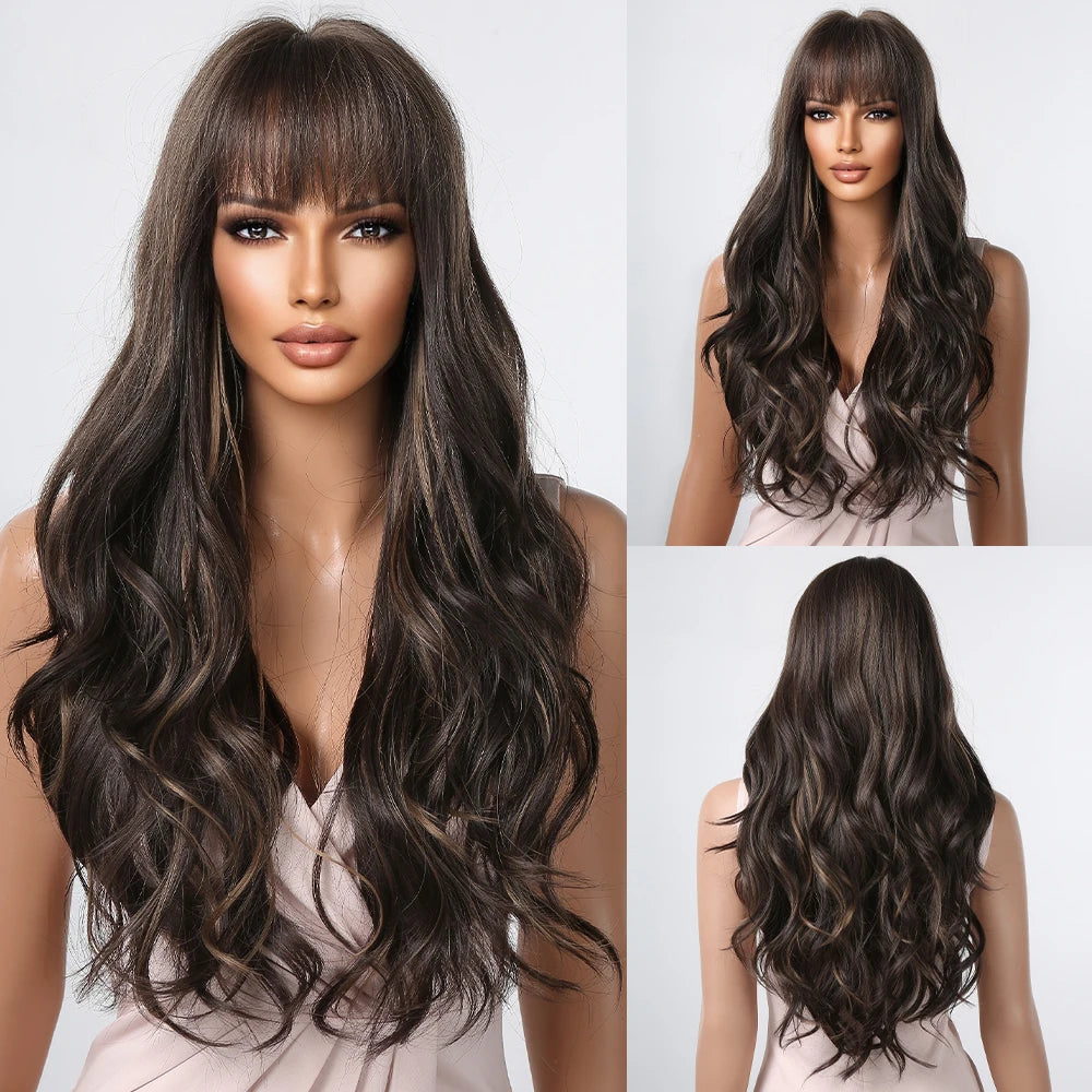 Brown Long Wavy Wig with Bangs Synthetic Natural Wave Hair Wigs for Black Women Afro Cosplay Party Daily Heat Resistant Fibre