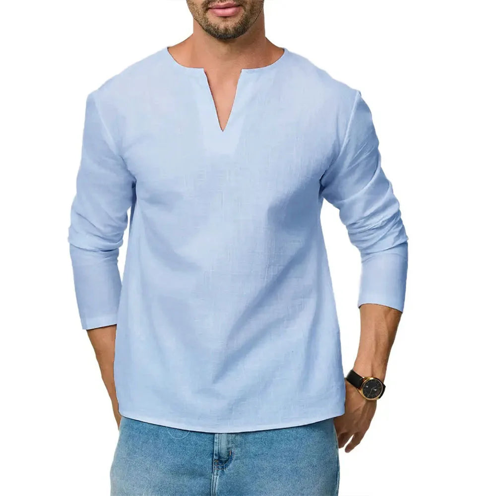 Men's Cotton Linen Long Sleeve T-Shirt Breathable V-neck Casual Slim Fit Solid Color Lightweight Male Casual Cozy Tees