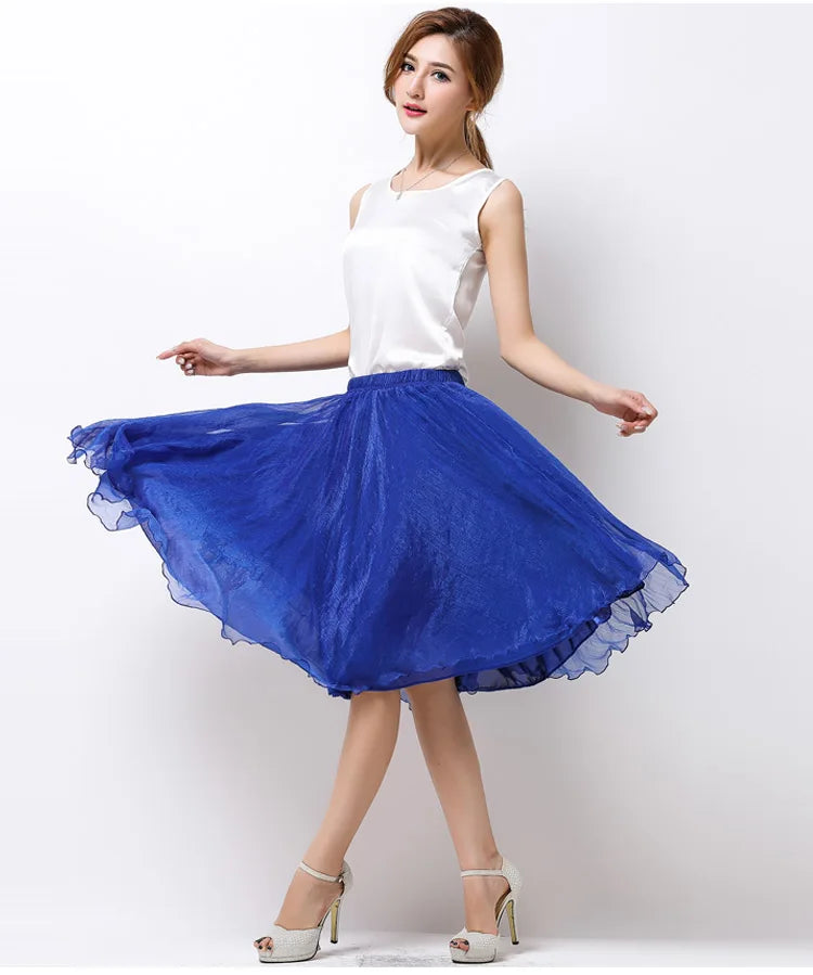 Summer Women Silk Tutu Skirts Chiffon Pleated Dance Beach Wedding Party Skirt Black White Elastic High Waist Midi Skirts
