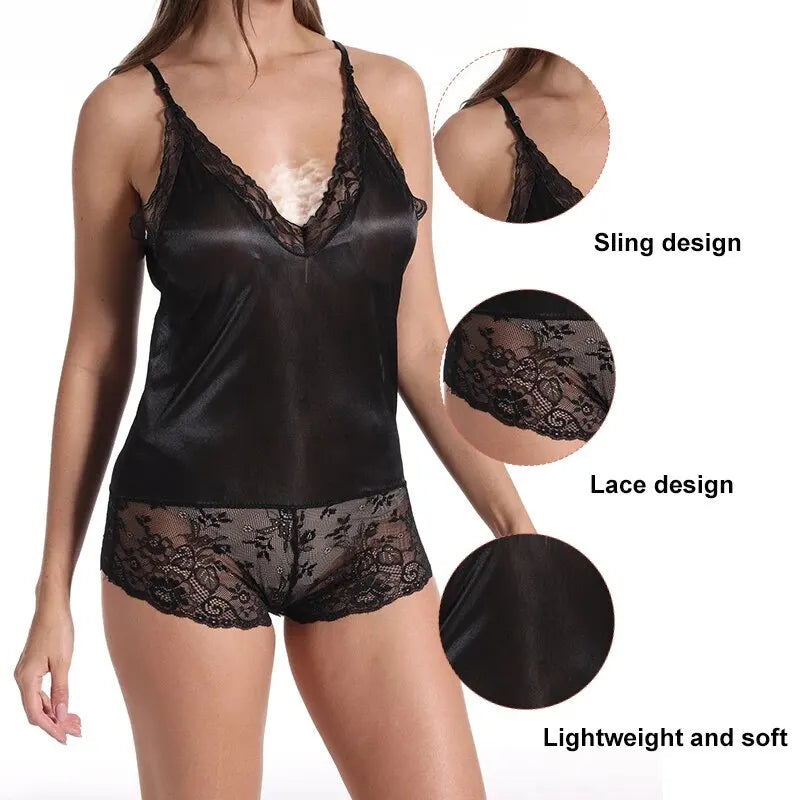 New Summer Women's Sexy Low Cut V-Neck Lace Jumpsuit Women's Camisole V-Neck Lace Patchwork Shorts Pajamas
