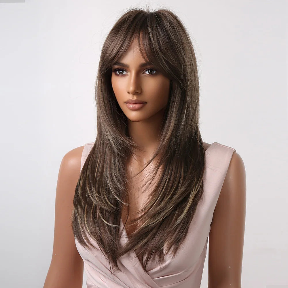 ALAN EATON Long Straight Layered Synthetic Wigs with Bangs Blonde Highlights on Brown Wigs for Black Women Afro Daily Party Hair