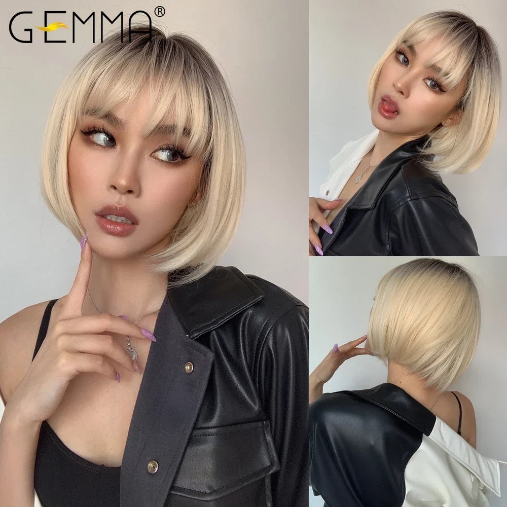 GEMMA Dark Brown Bob Synthetic Natural Hair Wig with Fluffy Bangs for Women Short Straight Wigs Heat Resistant Daily Cosplay Wig