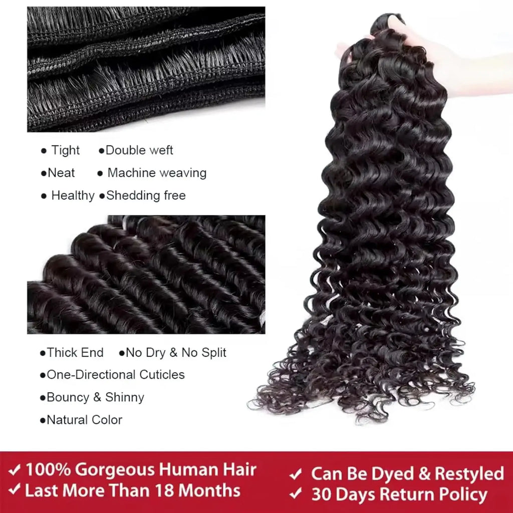 Deep Wave Human Hair Bundles, 12A Curly Bundles Human Hair, 22 24 26 Inch Wet and Wavy  Brazilian Virgin Deep  Wave