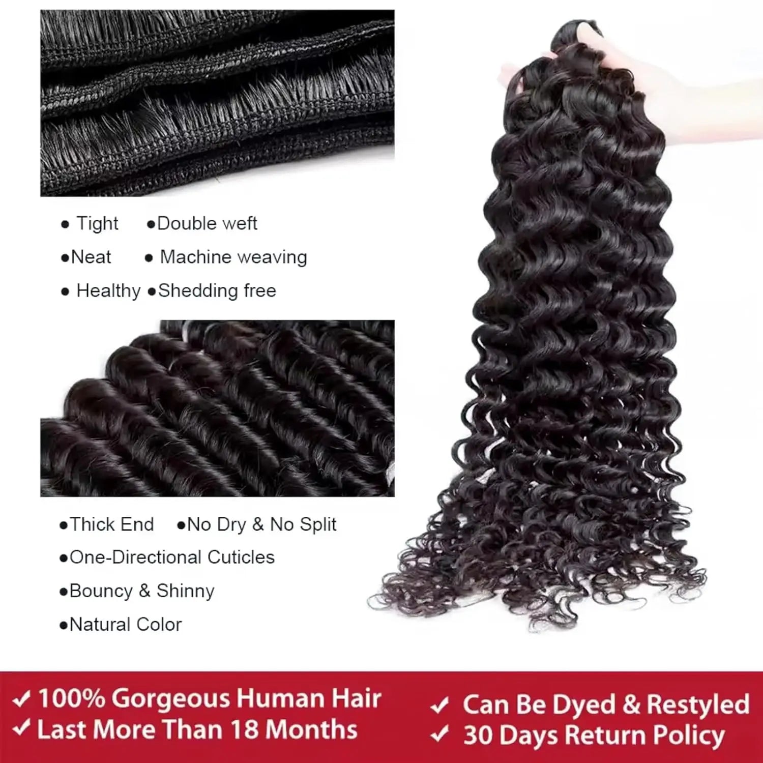 Deep Wave Human Hair Bundles, 12A Curly Bundles Human Hair, 22 24 26 Inch Wet and Wavy  Brazilian Virgin Deep  Wave
