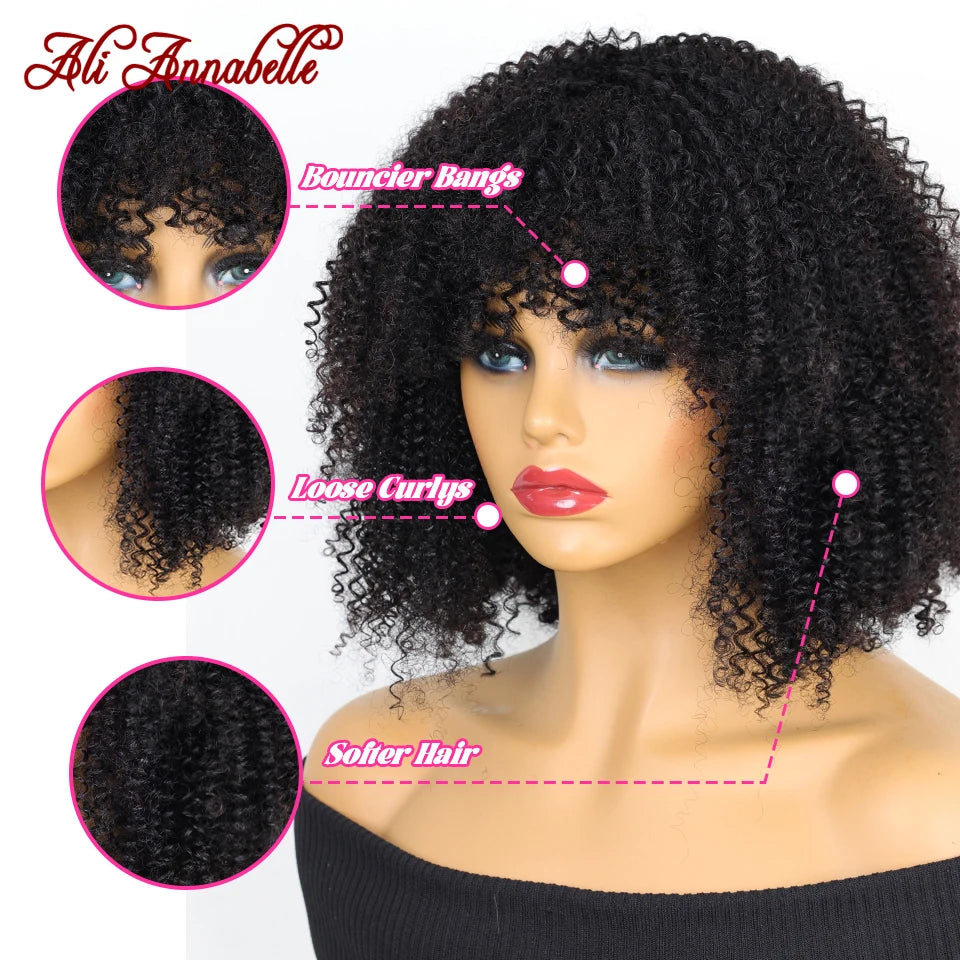 ALI ANNABELLE HAIR Curly Wigs With Bangs For Black Women Machine Made Wigs Kinky Curly 180% Brazilian Natural Color No Lace Wigs