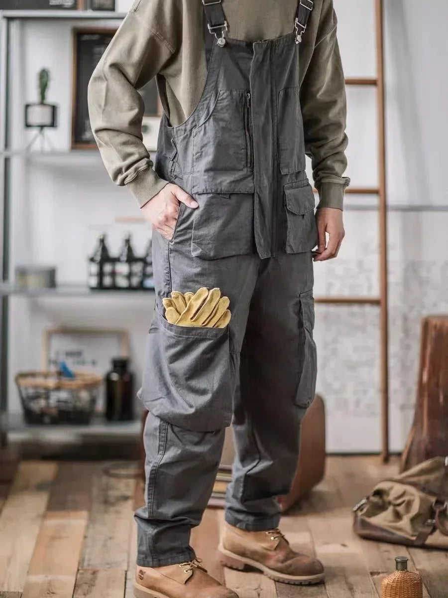Retro American Cotton Overalls Loose Jumpsuit Men's Cargo Pants Men Suspenders Bibs Four Seasons Full Length Baggy Pants