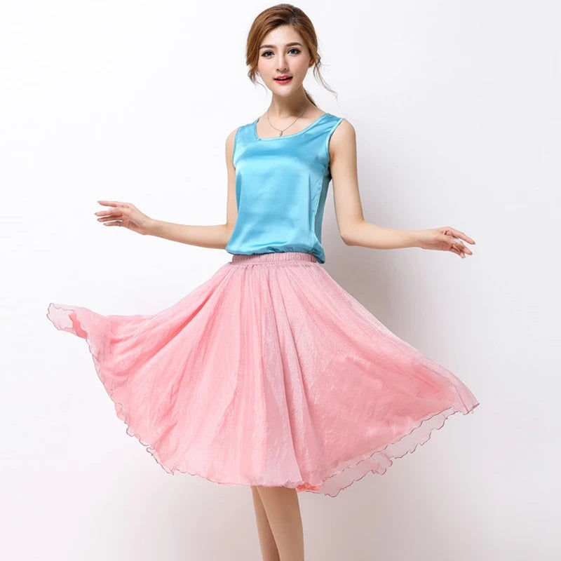 Summer Women Silk Tutu Skirts Chiffon Pleated Dance Beach Wedding Party Skirt Black White Elastic High Waist Midi Skirts