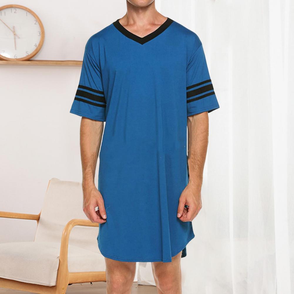 Men Summer Top Color Matching Men Loungewear Long Style Short Sleeve V Neck Home Clothes Striped Print Sleeping Clothes For Men