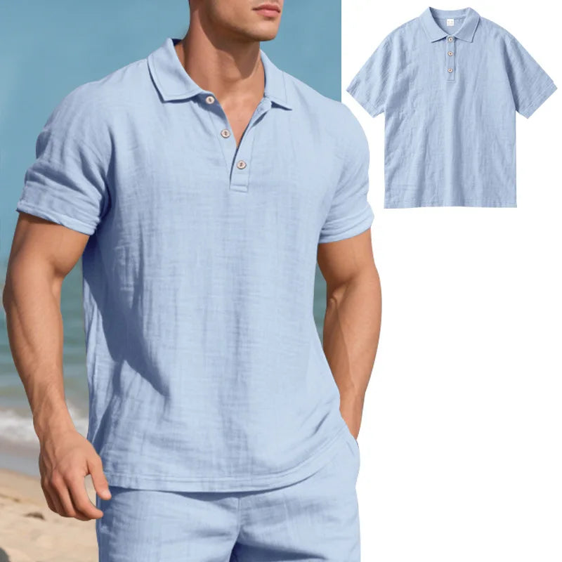 2025Summer New Men's Shirt British Style Loose Trendy Breathable Linen Casual Polo Collar Series POLO Shirt Short Sleeve