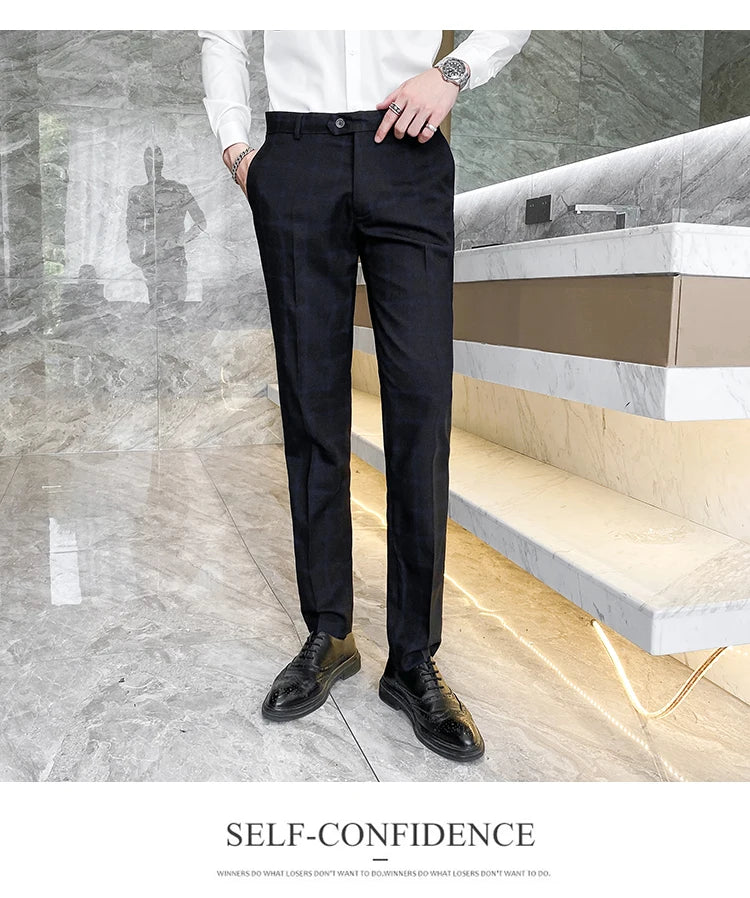 2025 New Burgundy Navy Plaid Casual Suit Pants for Men, Beige/Blue Vertical Stripe Non-Iron Slim Small Leg Work Trousers Men