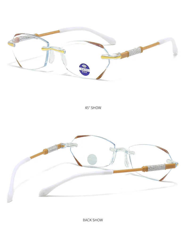 High Definition Lens Reading Glasses Women's Trendy Rimless Anti Blue Light Farsighted Eyewear Prescription Diopter Eyeglasses