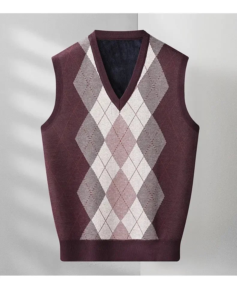 Fashion Vintage Winter Argyle Elastic Sweaters Vest Plus Fleece Thermal V-neck Sleeveless Loose Knitted Comfortable Pullover Top