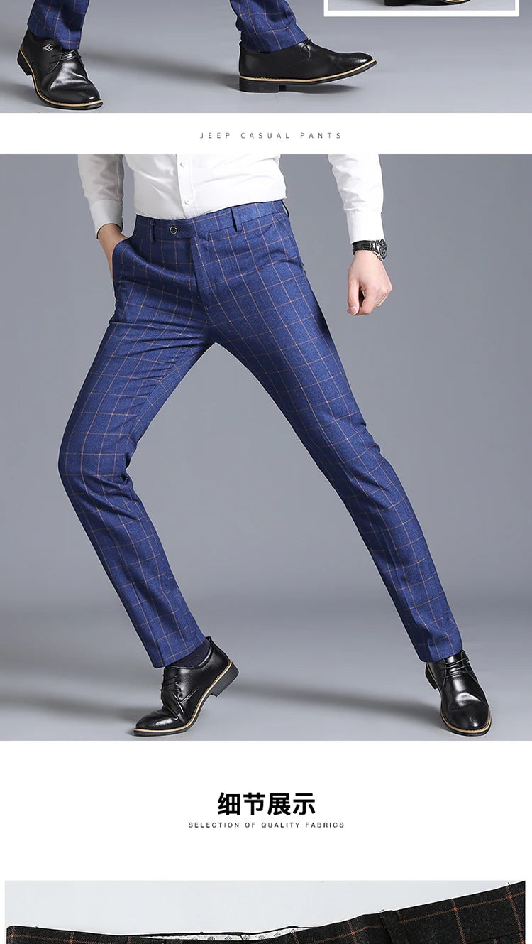 2025 New Burgundy Navy Plaid Casual Suit Pants for Men, Beige/Blue Vertical Stripe Non-Iron Slim Small Leg Work Trousers Men