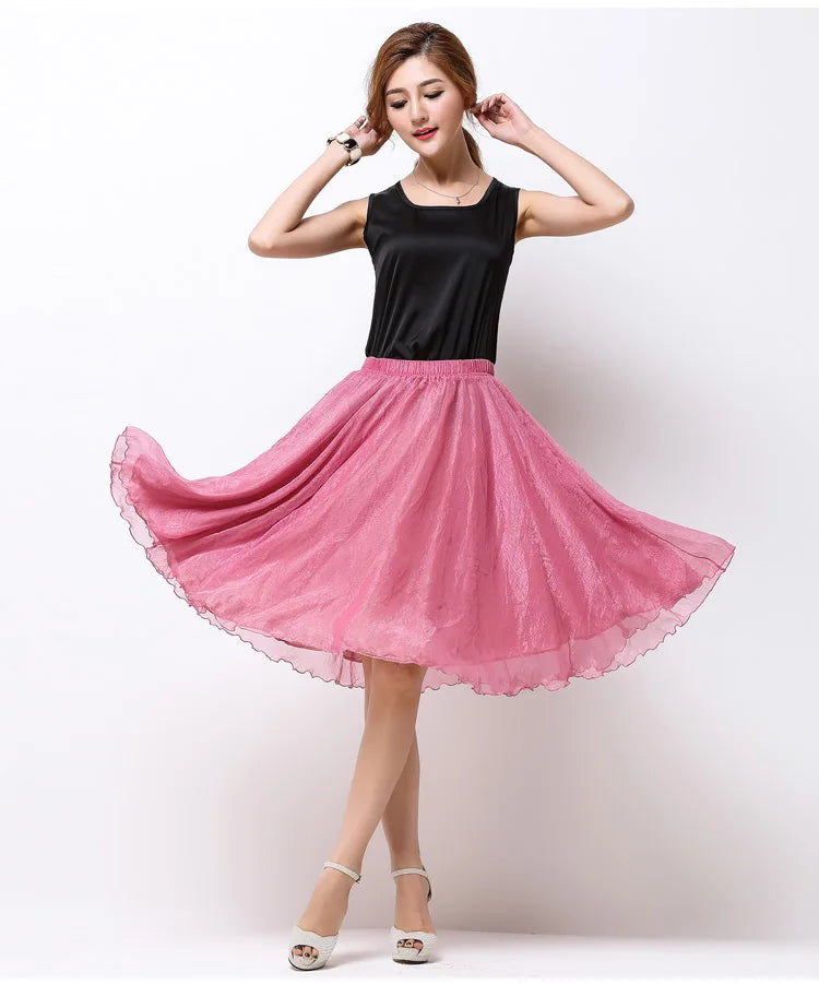 Summer Women Silk Tutu Skirts Chiffon Pleated Dance Beach Wedding Party Skirt Black White Elastic High Waist Midi Skirts