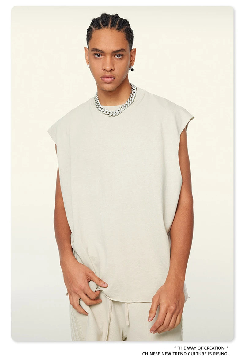 ZODF Vintage 2024 Washed 270gsm Cotton Tank Tops For Men Unisex Summer Relax Fit Slit Sleeveless Vest Streetwears HY0777